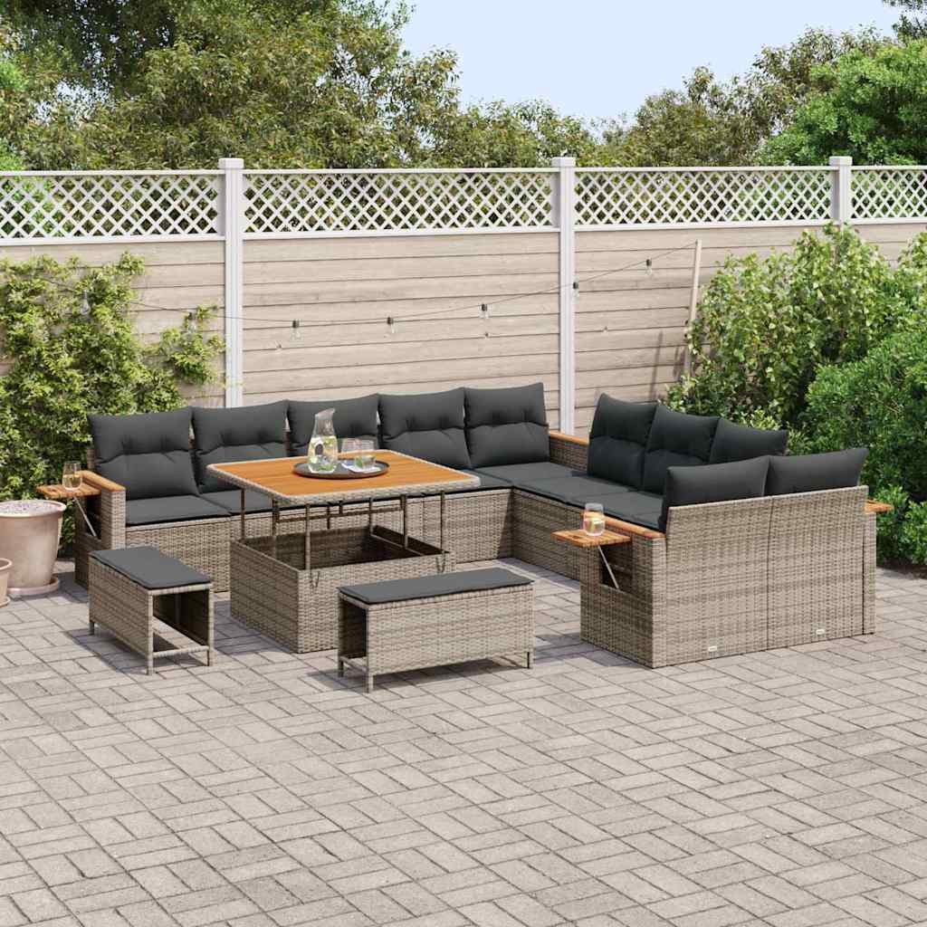Garten-Sofa-Set mit Kissen mit Speicher 13 pcs Grau Poly Rattan